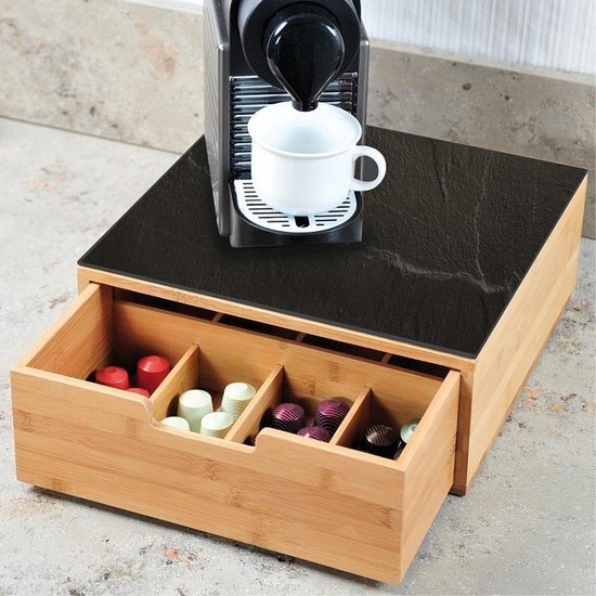 KESPER 2 in 1 FSC Bamboe Koffiemachine Standaard Koffie Capsule Houder in 1 Ook te gebruiken als Theedoos met lade voor Thee zakjes Houder voor koffie cups