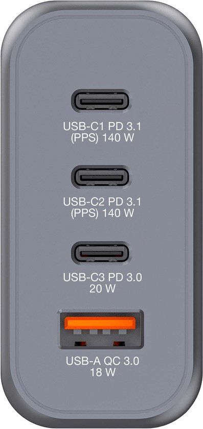 Verbatim GNC-140 GaN Charger - 140W - 4-Port USB-C & USB-A - Gray