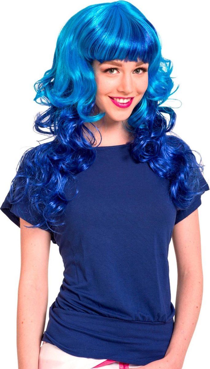 creotime Pruik Krullen - Blauw - Polyester - 8714572267120
