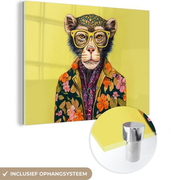 MuchoWow® Glass Painting 80x60 cm - Acrylic Glass Painting - Monkey - Animals - Glasses - Design - Flowers - Photo on Glass - Paintings