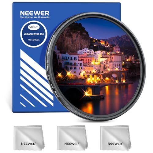 NEEWER 58 mm verstelbare sterfilter 4/8 punten, meervoudig gecoat draaibaar kruisscherm Starburst cameralensfilter, slank metalen frame en 3x reinigingsdoek voor nachtfotografie, sieraden architectuur