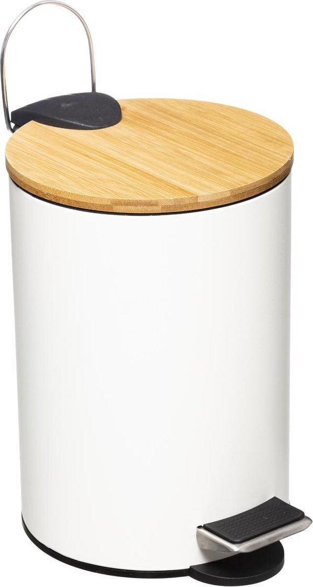 Five Stijlvolle prullenbak met bamboe deksel – Wit/ hout – Klein formaat - 3L - badkamer / wc / keuken / kantoor prullenbak / Vuilbak