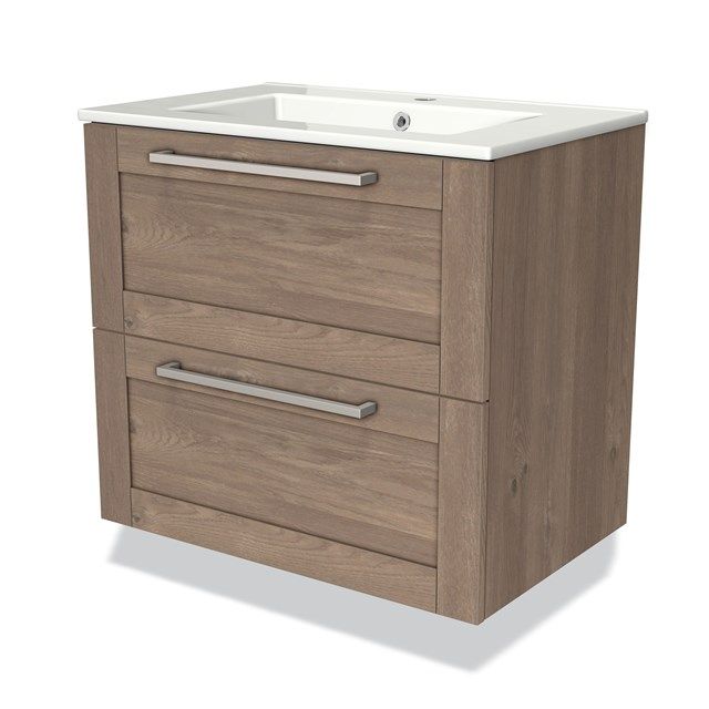Maxaro Badkamermeubel 70cm Modulo Middenbruin Eiken 2 Lades Kader Wastafel Keramiek