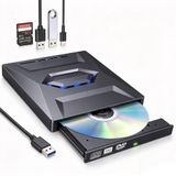 Lecteur/graveur externe CD/DVD 7-en-1, USB 3.0 et USB-C, lecteur de carte SD et hub USB, 15,5 x 14,3 x 2,3 cm, noir