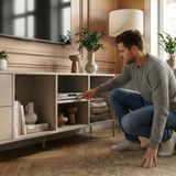 en.casa meuble TV Kliri avec tiroirs et porte 150x35x58 cm camel