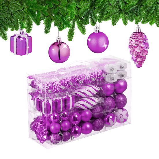 Merkloos / Sans marque Relaxdays Kerstballen - Set van 72 - Plastic - Onbreekbaar - Hartjes - Sokjes - Paars