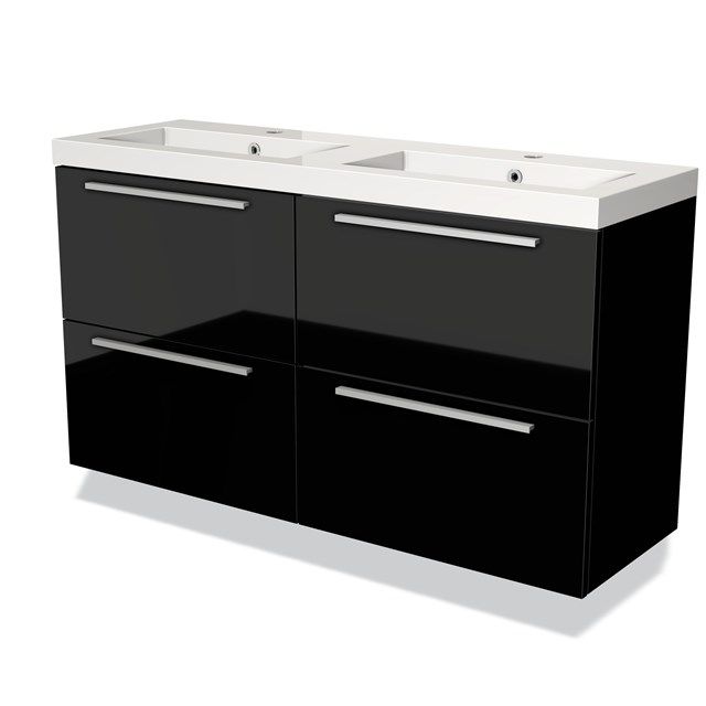 Maxaro Badkamermeubel 120cm Modulo Slim Hoogglans Zwart 4 lades Vlak Wastafel Mineraalmarmer - 6095839954932