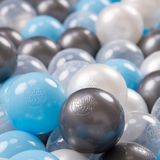 KiddyMoon 700 ∅ 7cm kinderballen speelballen voor ballenbad baby plastic ballen made in eu, transparant/zilver/parel/babyblauw