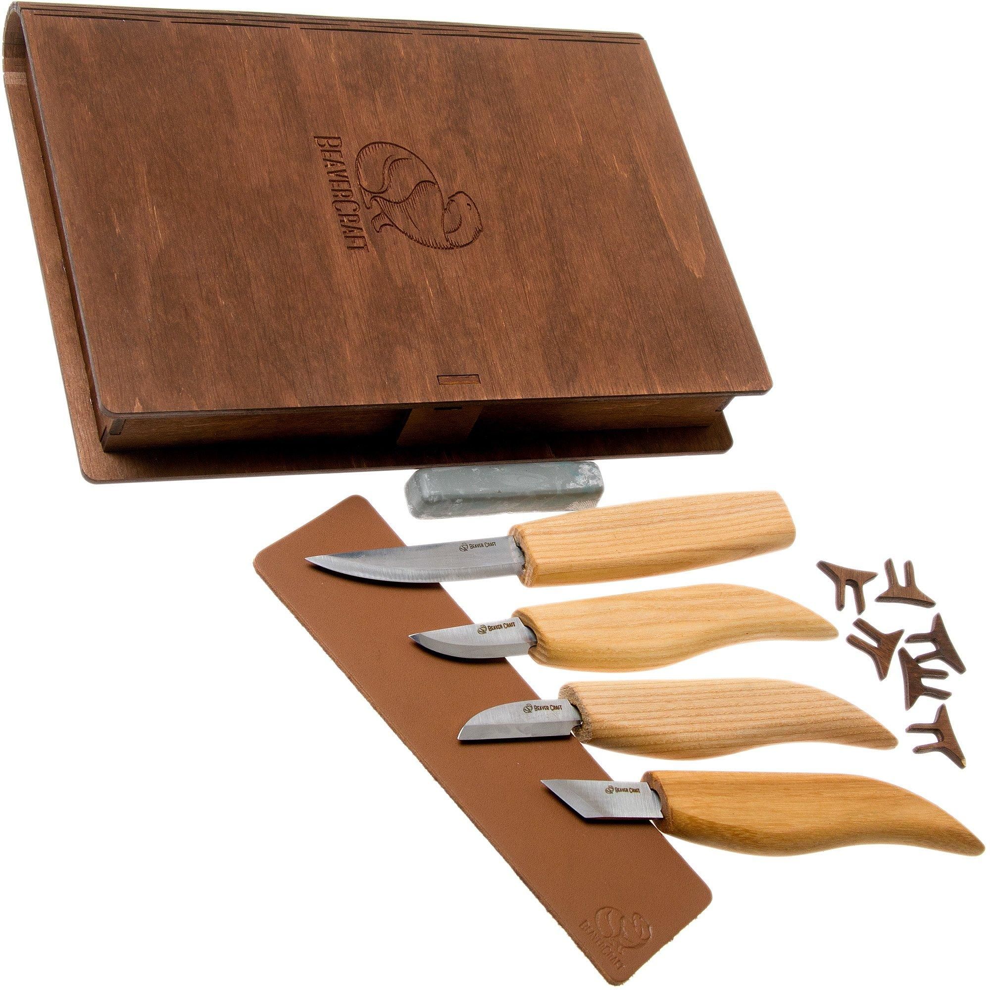 BeaverCraft Basic Set of 4 Knives S07 - Wood Carving Set with Wooden Storage Book