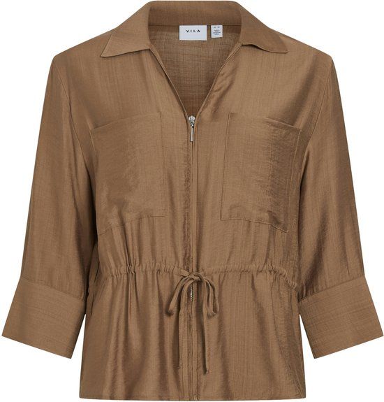 VILA VIJOBBA V-NECK 2/4 ZIPPER TOP Dames Blouse Nuthatch 44