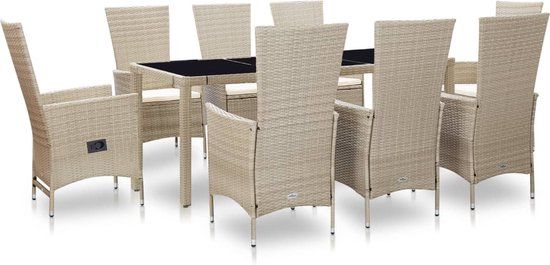 The Living Store Poly Rattan Dining Set - Beige - 190x90x75 cm - Includes 8 Chairs (2 Adjustable)