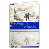 61-3011-2 Kaart Gelukkig Jaar Blauw met Goud, glinsterend Kinderdorp Sour the Snowflakes Bird Roodborstje Dennen - Formaat 17 x 11,5 cm met envelop