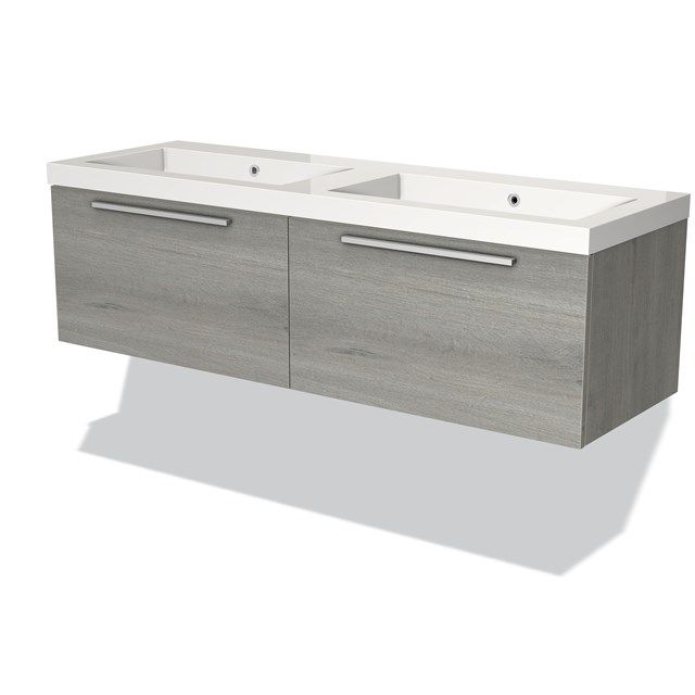 Maxaro Badkamermeubel 140cm Modulo Grijs Eiken 2 Lades Vlak Wastafel Mineraalmarmer