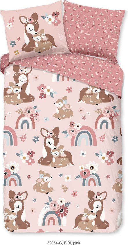 Good Morning Bambi Hert met Regenboog Dekbedovertrek - 1 Persoons - Roze - 100% Katoen