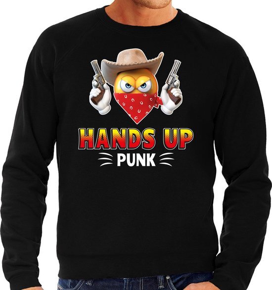 Bellatio Decorations Funny emoticon sweater Hands up punk zwart heren L (52)