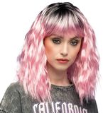 Boland Pruik Ethel Roze Golvend Halflang Vrouwen Rocker Punk Cosplay Carnaval Themafeest