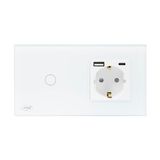 PNI SH115W eenvoudige glazen schakelaar met touchscreen, gecombineerd met Schuko-stopcontacten en USB-stekkers
