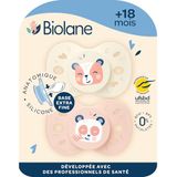 BIOLANE Anatomische spenen van dieren - Extra fijne fopspenen - 18 maanden en +-Roze en beige - Platte en omkeerbare speen - Optimaal comfort - Respect voor de mondontwikkeling - Hernieuwbare