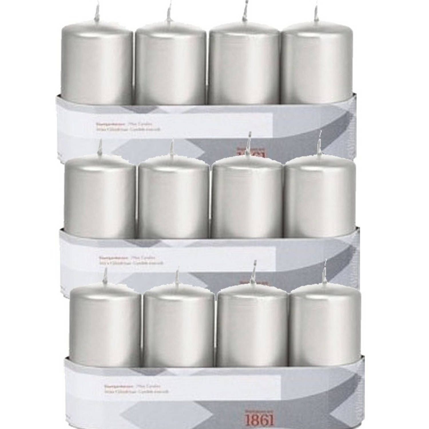 Trend Candles Panda Trend Candles 12x Zilveren cilinderkaarsen/stompkaarsen 5 x 10 cm 18 branduren - Geurloze zilverkleurige kaarsen - Woondecoraties