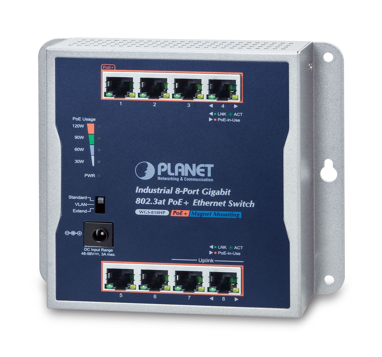 Planet IP30 Industrial 8-Port Switch - WGS-818HP - Grijs