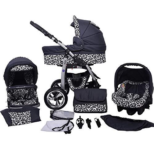 Lux4Kids Kinderwagen, 3-in-1 mega set, alles in een Isofix Dino by ChillyKids Graphit & Sneeuwluipaard 3-in-1 met babyzitje.