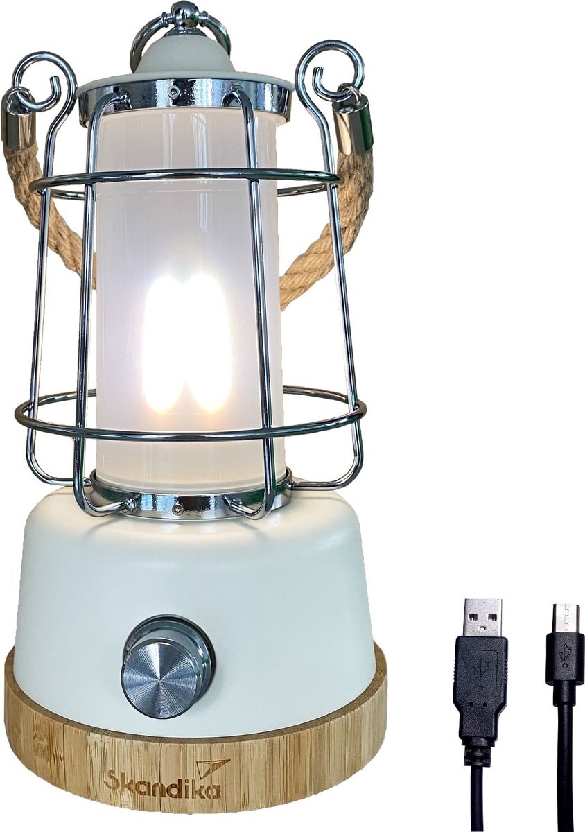 Skandika Kiruna LED-Lamp – Buiten Lantaarn – Lamp – Tent lamp - Buitenverlichting – Buiten lamp - Retro outdoor camping lamp met powerbank, traploos dimbaar, draadloos, oplaadbare batterij, USB, warm en koud wit, 75h lichtduur – wit