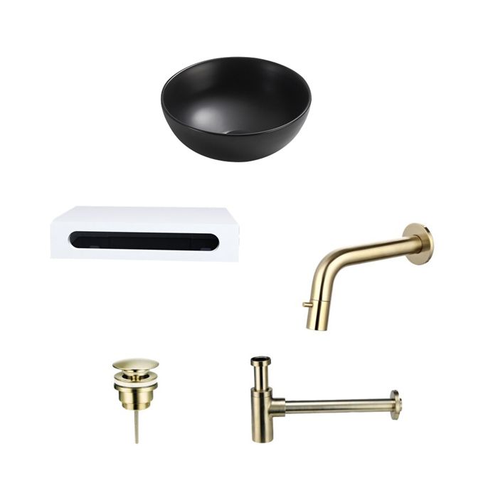 Keramische Waskom Zwart Rond met Solid Surface Planchet - Goud - 40x22x8 cm