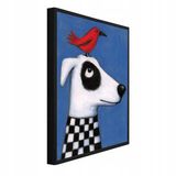 WALLARENA - Schilderij met reliëf 100x70 cm - zwarte lijst - hond en vogel in folkstijl