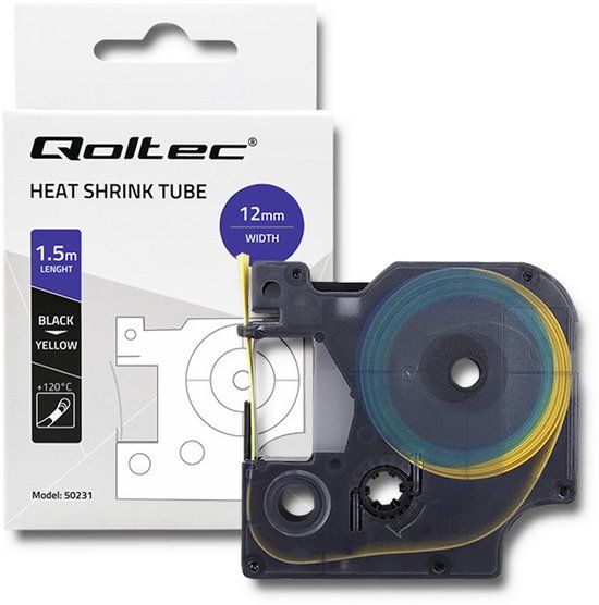 Qoltec Serie - Thermokromp Buis voor DYMO D1/DM1 - 12mm*1.5m - Geel - Zwart Opschrift