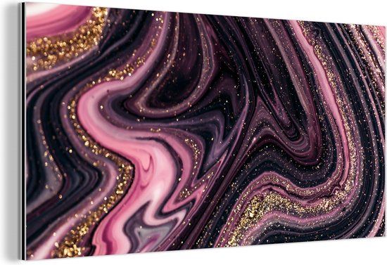 MuchoWow Wanddecoratie Metaal - Aluminium Schilderij Industrieel - Marmerlook - Roze - Paars - Goud - Luxe - Marmer - 80x40 cm - Dibond