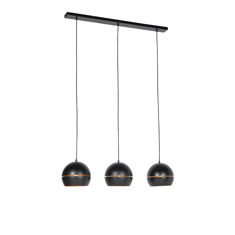 QAZQA Industriele hanglamp zwart met gouden binnenkant 3-lichts - Buell