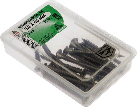Deltafix RVS Houtschroeven 5.0 x 60 mm Platkop Kruiskop Pozidriv 25 Stuks