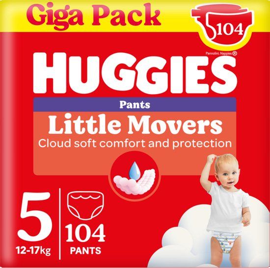 Huggies Little Movers baby luierbroekjes, Maat 5 (12 tot 17 kg), 104 luierbroekjes met Disney© designs, Giga pack