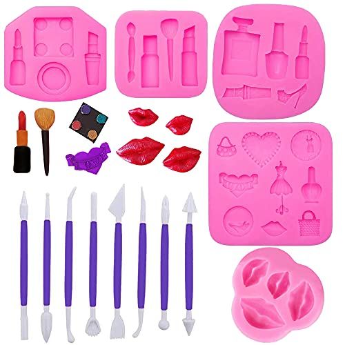 Woohome 14 STKS Make-up Thema Siliconen Mallen, 5 STKS Lippenstift Fondant Snoep Mould 3D Fondant Cake Mould voor Hars en 9 STKS Cake Carving Gereedschap voor Hars Klei Chocolade Pudding, Snoep