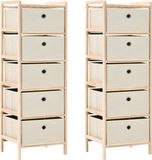 vidaXL Opbergrekken met 5 stoffen manden 2 st cederhout beige