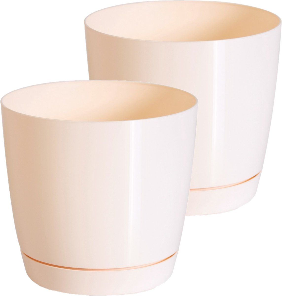 Prosperplast Set van 2x plantenpotten/bloempotten kunststof rond glanzend creme/beige dia 21 x hoogte 19 cm voor binnen/buiten