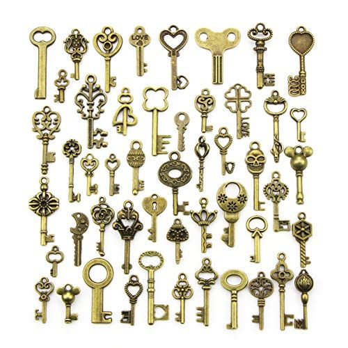YMWALK Antieke bronzen sleutelhangers set willekeurige vormen en maten bedels sleutel handgemaakte accessoires voor doe-het-zelf sieraden maken (50 stuks)