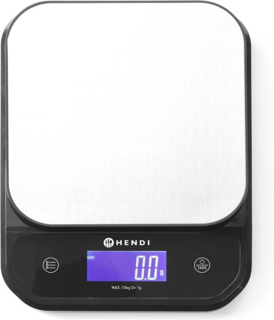 Hendi Digitale keukenweegschaal, huishoudweegschaal, voor max 10kg, precisie tot 1gr, met ingebouwd digitaal display, 160x210x(H)30mm, ABS, RVS