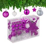 Relaxdays Kerstballen Set van 101 - Plastic - Onbreekbaar - Kerstpiek Ster - Paars/Wit