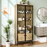 STILVORA Vitrinekast - Glazen Deuren Met Verstelbare Planken En Lade - Modern Voor Woonkamer, Slaapkamer En Hal - MDF - Zwart En Naturel - 75x35x170,8 Cm