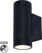 Lybardo Buitenlamp met sensor dag en nacht - Wandlamp buiten - Sami - Zwart - IP65 - Geschikt voor 2 GU10 spots - Ø 65 mm