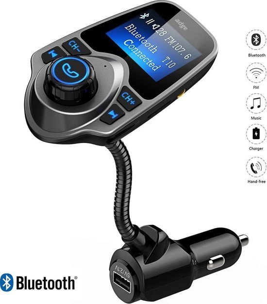 Adge Bluetooth FM Transmitter, Auto Radio Adapter CarKit met 4 Music Play Modes / Hands-free Bellen / TF Kaart / USB Auto Lader / USB Flash Drive / AUX Input / Output 1.44 inch LCD Display/ Bluetooth Carkit 5 in 1 / T10