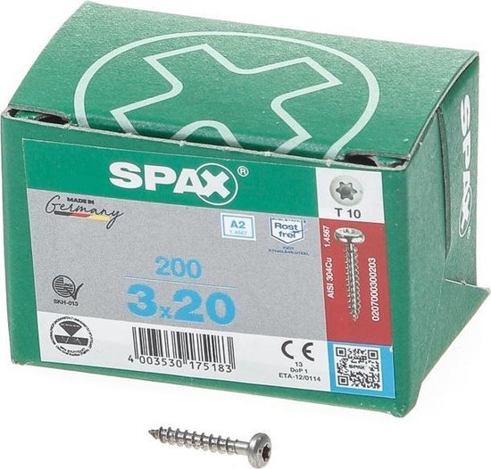 Spax R.v.s. schroef, 3 x 20 mm, 200 stuks, volledig schroefdraad, bolkop, T-STAR plus T10, S-punt, roestvast staal A2 - 0207000300203