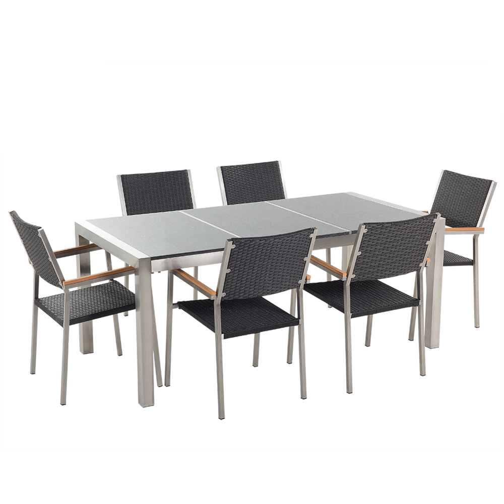 Beliani Tuinset gepolijst graniet/RVS grijs driedelig tafelblad 180 x 90 cm met 6 stoelen zwart rotan GROSSETO