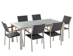 Beliani Tuinset gepolijst graniet/RVS grijs driedelig tafelblad 180 x 90 cm met 6 stoelen zwart rotan GROSSETO