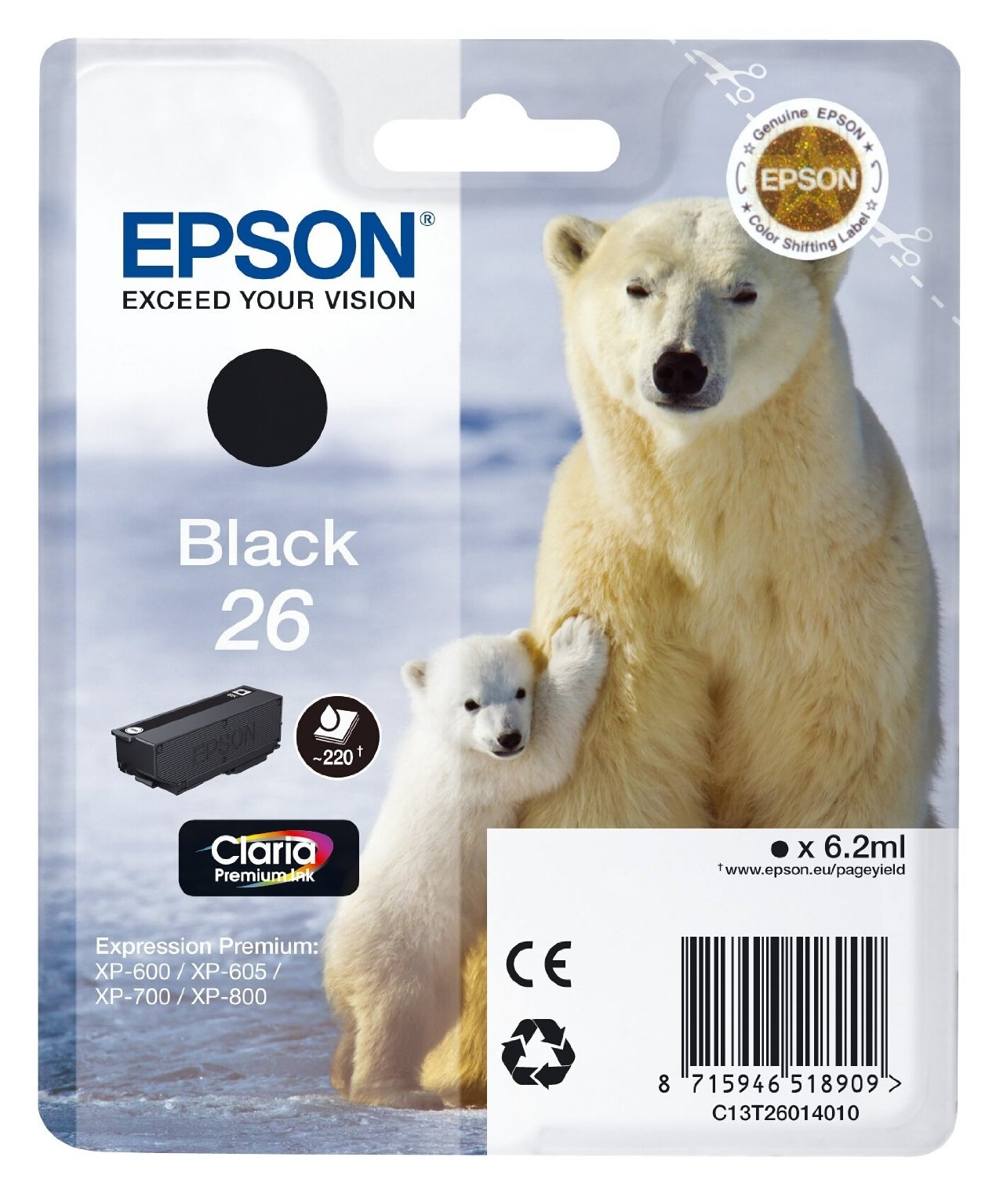 Epson Polar bear  Singlepack Black 26 Claria Premium Ink