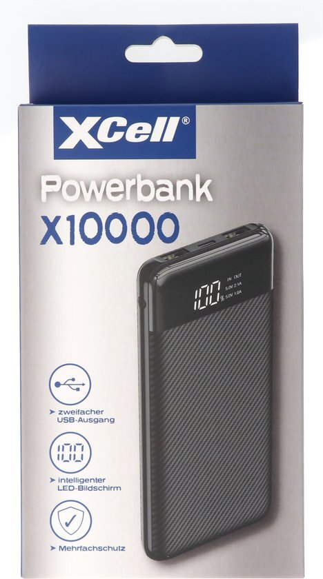 XCell Powerbank X10000 met 10.000 mAh capaciteit, slank ontwerp, LED-display, dubbele USB-uitgang, USB-C-oplaadpoort