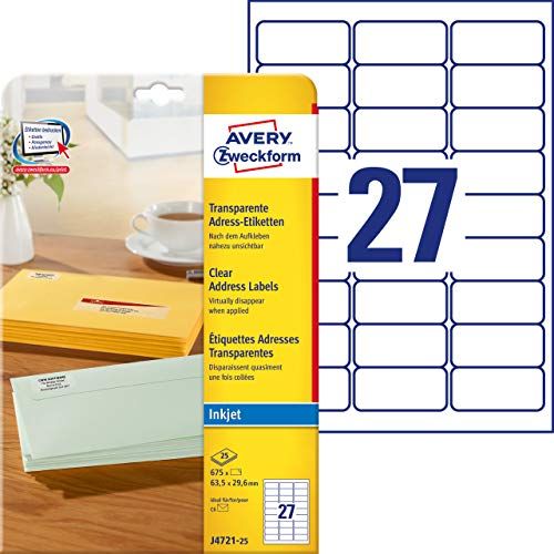 AVERY Zweckform J4721-25 adresetiketten/adressticker (bedrukbaar, zelfklevend, ideaal voor C6 enveloppen, voor inkjetprinters, 675 etiketten op 25 vellen) transparant Format 63,5 x 29,6 mm transparant