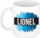 Bellatio Decorations Lionel naam cadeau koffie mok - beker - met blauw verfstrepen - Cadeau collega - vaderdag - verjaardag - meester - coach - 300 ml - wit