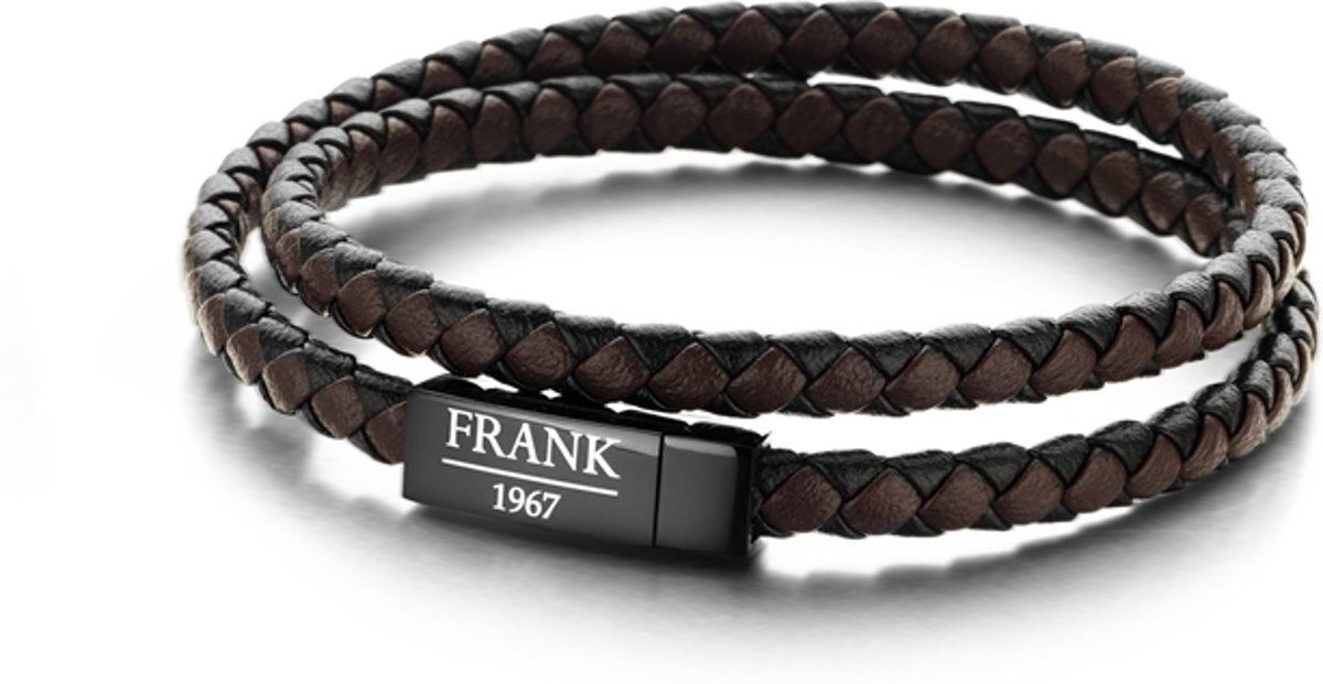 Frank 1967 7FB 0155L Heren Wikkelarmband met Staal Element - Gevlochten Leer en Dubbel Gewikkeld - Maat L - Bruin / Zwart